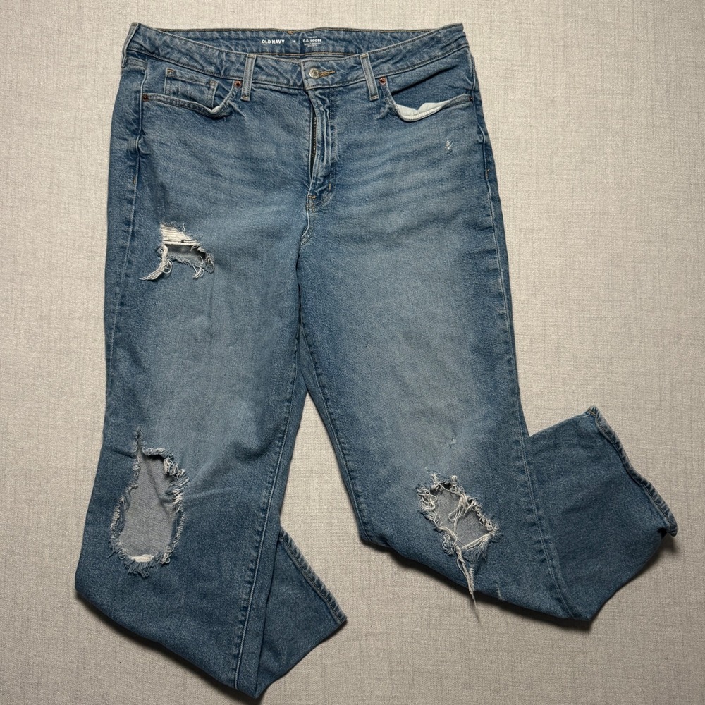 Old Navy Jeans High Rise OG Loose Distressed Stretch Denim Blue Cotton Blend 16